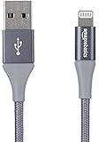 AmazonBasics Double Braided Nylon Lightning to USB A Cable, Advanced Collection - MFi Certified iPhone Charger - Dark Grey, 4-Inch