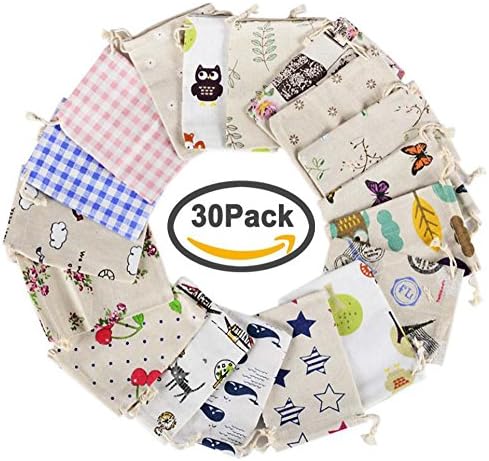 Dyshuai Multi Pattern Burlap Bags with Drawstring Lot of 30 Perfect Burlap Gift Bags for Jewelry Wedding Party Candy Favor Pouch, 4 x 5.5 Inch