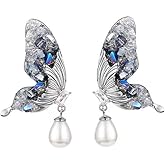 Silver Pearl Earrings Rhinestone Butterfly Earrings for Women,Shiny Drop Dangle Butterfly Colorful Earrings Statement Stud Earrings Gift