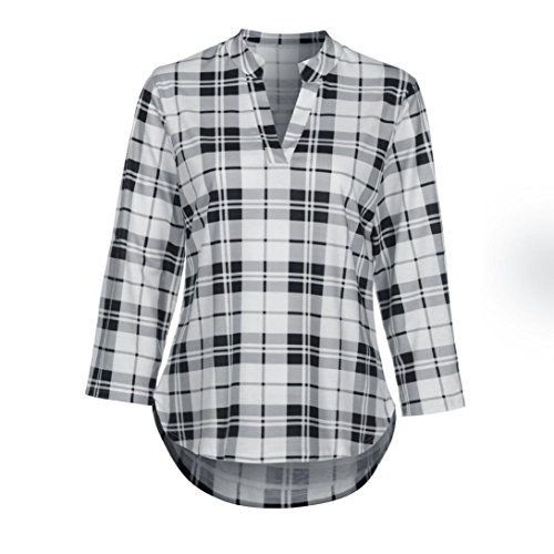 Clearance Deals V-neck Blouse,ZYooh Fashion Women Spring 3/4 Sleeve Plaid Check Shirt Loose Blouse Top (white, XL)