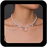 Erimberate Bohemian Moon Star Choker Necklace Silver Crescent Moon Pendant Necklaces White Pearl Star Collar Necklaces Minimalist Crescent Tassel Chain Necklace Jewelry for Women