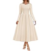 ZESICA Women's Long Sleeve Midi Dresses 2026 Spring Elegant Crewneck Swing A Line Wedding Guest Party Dress with Pockets
