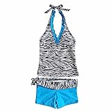 FEESHOW Girls' 2 Piece Zebra Halter Tankini Swimsuit Swimwear Bathing Suit Blue 7-8