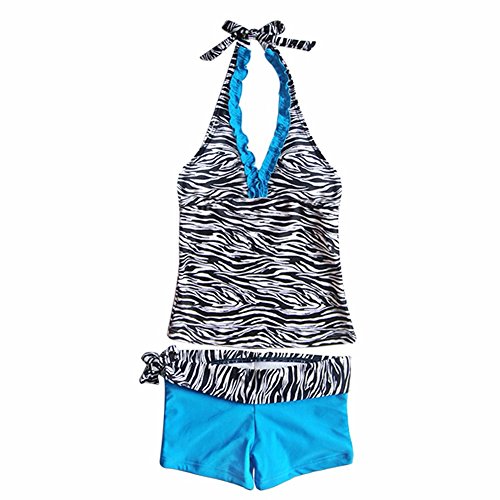 FEESHOW Big Girls' Youth Two Piece Zebra Halter Tankini Swimwear Bathing Suit