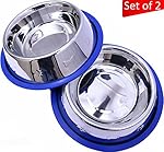 Mr. Peanut's Set of 2 Etched Stainless Steel Dog Bowls, Easy to Clean, Bacteria & Rust Resistant, with Non-Skid No-Tip Silicone Ring, Feeding Bowls for Dogs (2 Pak / 32oz Each Bowl)