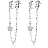 Reffeer Solid 925 Sterling Silver Moon Chain Dangle Earrings for Women Teen Girls CZ Star Chain Drop Earrings