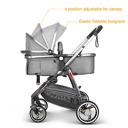 Besrey Pram Baby 2 in 1 Carriage with Convertible Reversible Bassinet & Shock Absorber for Infant Newborn Sit and Sleep Stroller - Gray