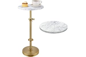 Milprox Adjustable Height Natural Marble Drink Table with Anti-Slip Coasters,10 x 10 x 22-30 in,Antique Brass Modern Round Si