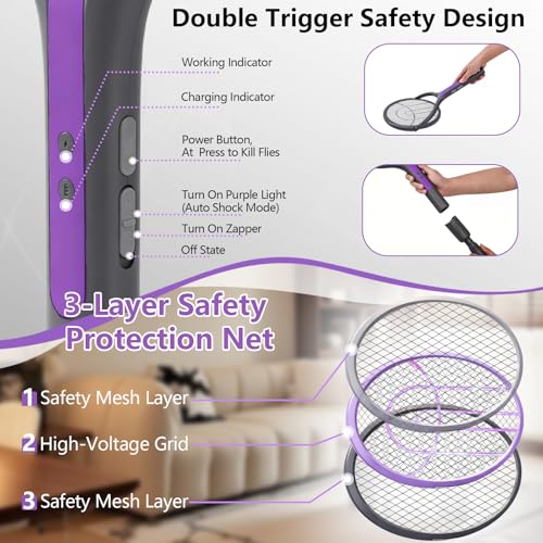 Electric Fly Swatter, Rotating Head Bug Zapper, Dual Modes Mosquito Killer with Purple Mosquito Light Rechargeable for Indoor Home Patio Camp Office, Telescopic Extension