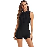 Micosuza Women's One Piece Boyleg Rash Guard Swimsuit Sleeveless Half Zipper Surfing Swimwear