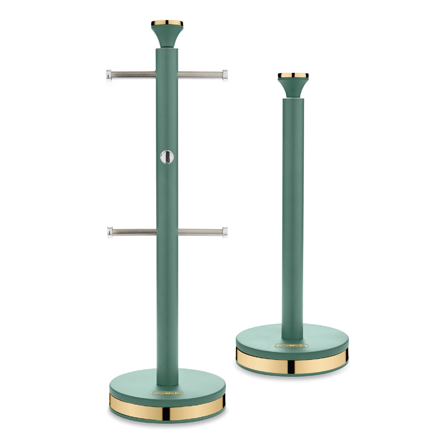 Tower Cavaletto Mug Tree and Towel Pole Set with Anti-Slip Base, Jade Green and Champagne Gold