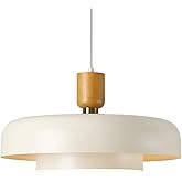Modern Large Pendant Light 19.68 inch, 2 Tiers Soft Cream Shades, Natural Wood and Brass Accent, Mid Century Chandelier for D