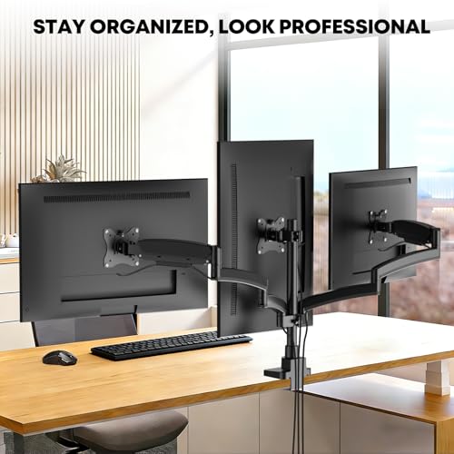PUTORSEN Monitor Mount 3 Monitors for 17-32 Inch Screens, 10 kg per Arm, Adjustable Monitor Mount 3 Monitors with Heavy Duty Clamp and Feed-Through Mount, VESA 75/100 mm