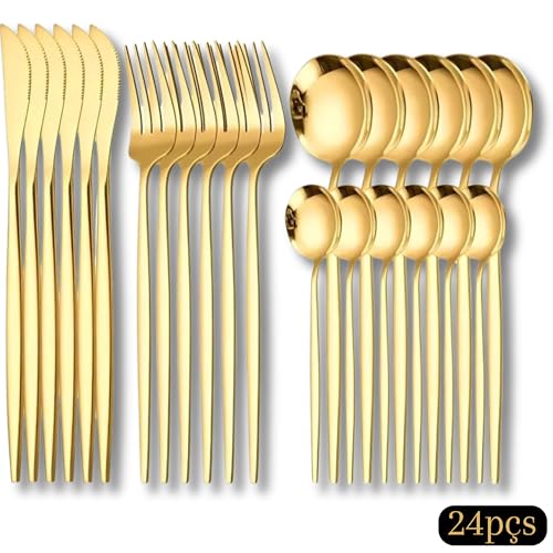 Conjunto de Talheres 24 Peças Dourado Premium Jogo de Talheres Aço Inoxidável Colheres, Garfos e Facas