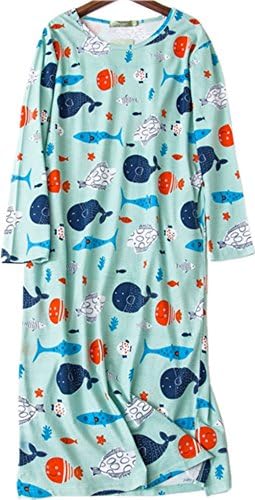 Sanmadrola Women's Cotton Nightgown Knee-Lenght Long Sleeve Casual Nights With Two Pockets SY272
