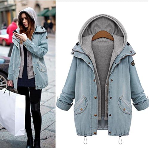 MinerTech Women's Winter Fashion Warm Hooded Denim Trench Parka Outwear Coat Jacket Two Pieces (Blue, XXXL)