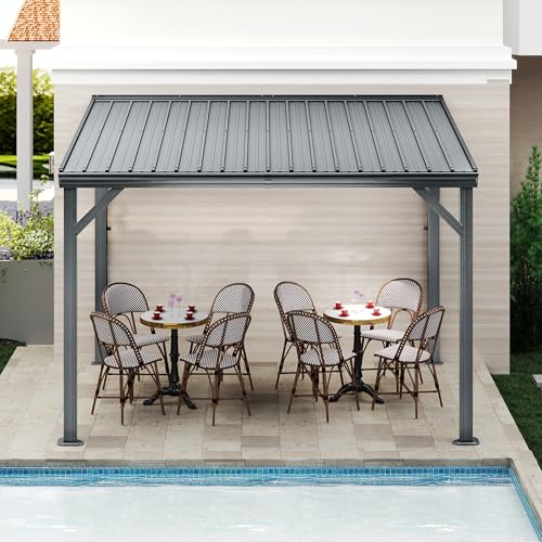 Domi 8x10FT Lean to Gazebo, Outdoor Hardtop Wall Mounted Gazebo with Sloping Galvanized Steel Roof, Upgraded Heavy Duty Mounted Shelter with Drainage System for Deck, Porch, Backyard, Grey