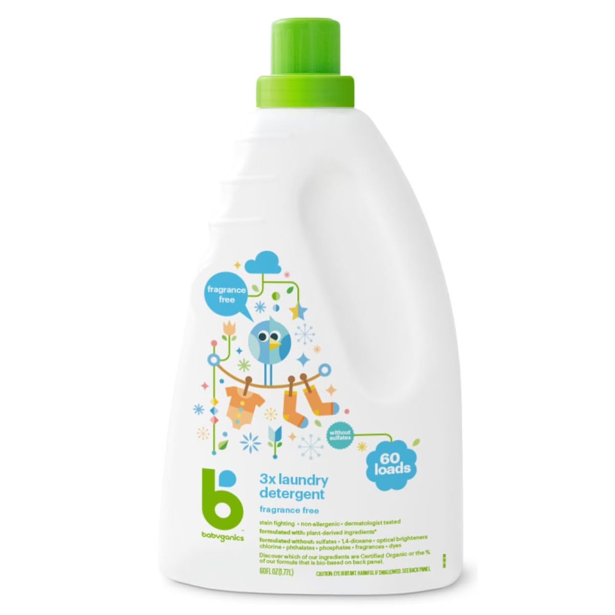 Single Pack- 3X Baby Laundry Detergent, Liquid Laundry Detergent, Fragrance Free, Stain-Fighting, HE compatible, Non-allergenic Dermatologist Tested, 3X Liquids 60 Fl Oz
