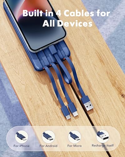 Charmast Portable Charger with Built in Cables, Portable Charger with Cords Wires Slim 10000mAh Travel Essentials Battery Pack 6 Outputs 3A High Speed Power Bank for iPhone Samsung Pixel LG Moto iPad
