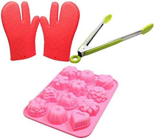 Food Grade Silicone Bakeware Set - Sugarcraft Silicone Mold, Silicone Kitchen Gloves &amp; Silicone Locking Tongs - 12 Cavity Bakeware Molds for Cupcakes, Candy, Tea Cake, Fondant, Chocolate, Jello, Brownie, Mini Muffin Pan, Cake Pop, Pudding, Sugarcraft - Protective Oven, Grill, BBQ, Fireplace, Microwave, Baking, Smoking and Cooking Gloves for Men and Women - Silicone Locking Tongs with Scalloped Gripping Edges for Salad, Ice Bucket, BBQ
