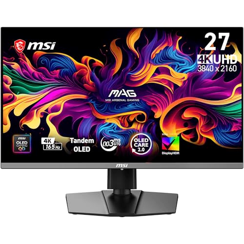 msi MAG 272UP QD-OLED E16 27 4K UHD Monitor with Tandem QD-OLED Technology (3840×2160), 165Hz, 0.03ms, DisplayHDR True Black 400 Certified, G-SYNC Compatible, HDMI 2.1, DisplayPort 1.4a