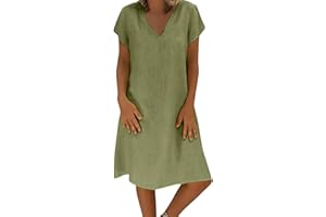 Bilqis Women's Cotton Linen Dresses 2022 Summer Comfy Dress Striped Shirt Midi Dress V Neck Casual Sundresses Oversized Robes