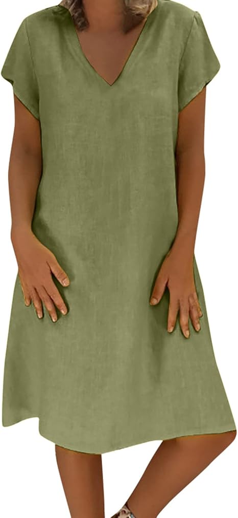 Amazon.com: Zainafacai Summer Dresses for Women Women's Cotton Linen Dress Short Sleeve Button 