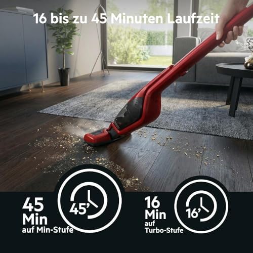 Ergorapido 2in1 Akku Staubsauger, Beutellos, inkl. Tierhaardüse, ETM Testsieger, bis zu 45Min Laufzeit, Freistehend, 180° Drehgelenk, Bürstenreinigungsfunktion, LED-Frontlichter, Rot, CX7-2-45AN