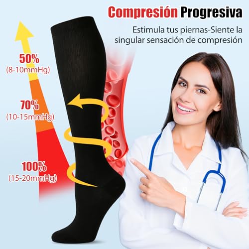 LONGLIV 4/6 Pares Calcetines de Compresión para Hombres y Mujeres, 15-20 mmHg, Calcetines de Compresión Deportiva para Varices, Embarazo, Viajar, Correr, Fitness, Enfermeras, Edema