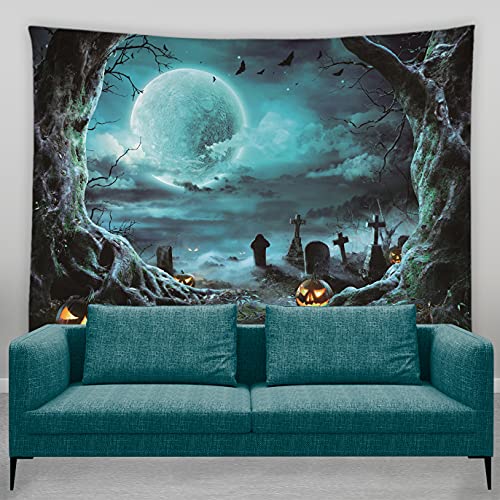 AMFD Halloween Tapestry Horror Cemetery Tombstone Night Sky Full Moon Cloudy Misty Forest Pumpkin Dead Tree Spooky Gothic Home Decor Wall Hanging Art for Living Room Bedroom Dorm 90x70 Inch at Amazon