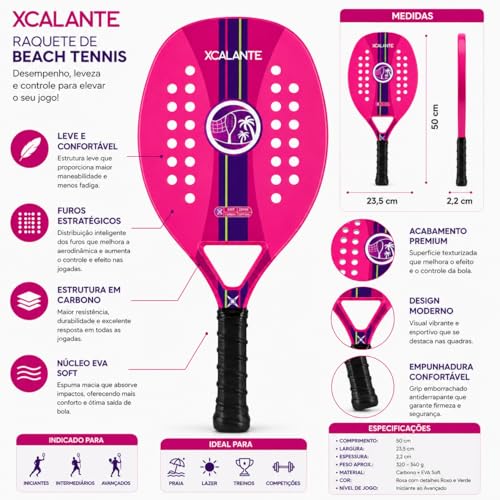Raquete Para Beach Tennis Profissional Em Fibra Carbono Com Capa Protetora
