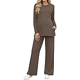 JoyMotion Women's Maternity Lounge Sets 2 Piece Knit Pajamas Long Sleeve Side Slits Top Adjustable Pant Pregnancy Outfit
