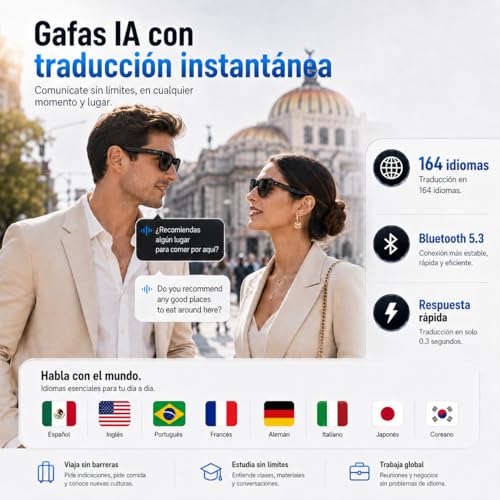 CLDP Gafas Inteligentes Traductoras 164 Idiomas Bluetooth 5.3, Traducción Instantánea para Viajes y Negocios, Llamadas Manos Libres, Reproducción Musical, Control Táctil, Autonomía 60 Horas