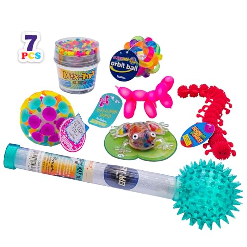 Toysmith Sensory Bundle – Cosmic Ray Wand, Jumbo Suction Ball, Flashing Orbit Ball, Balloon Dogs, Mix-Ins Slime, Plastic Bead Filled Frog, and Crawlies–Sensory Play for Kids Ages 3+