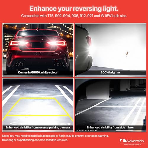 Nakamichi T15 LED Light Bulb T15 902 904 906 912 921 W16W 18-SMD 28-SMD 4014 3030 Chipsets LED Replacement Bulbs for Car Exterior Reversing Lights (Xenon White, 28 LEDs (Non-Flash))