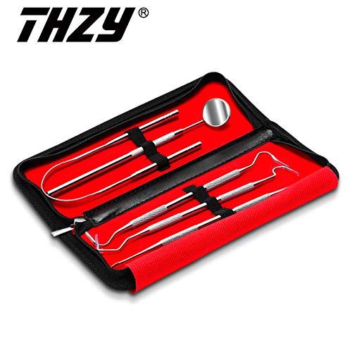 THZY Dental Tools Professional Teeth Hygienist Kit Stainless Steel Dental Pick Cleaning Set to Remove Plaque Tartar,Tongue Scraper,Tooth Scaler,Mouth Mirror for Personal & Pet Oral Care Use