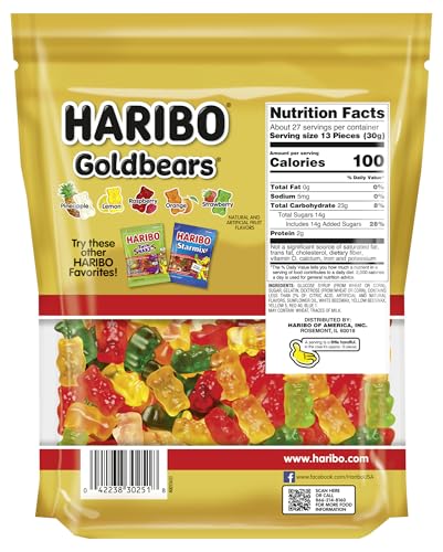 HARIBO GOLDBEARS, GUMMI CANDY, 28.8 OZ RESEALABLE BAG, ASSORTED FLAVORS