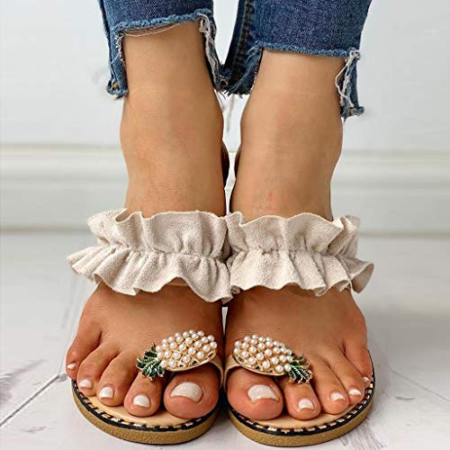 Balakie Women Casual Slippers Pineapple Rhinestone Ruffled Flat Sandals Shiny Clip Toe Flip Flops Beach Shoes