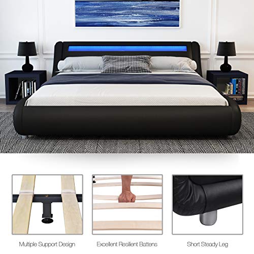 Amolife Upholstered Queen Bed Frame with Adjustable LED Lights Headboard/Deluxe Solid Modern