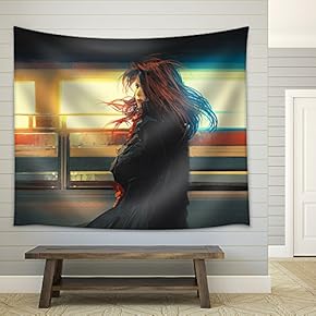 Beautiful Woman Standing Against Colorful Lights,Digital Painting - Fabric Wall Tapestry Home Decor - 51x60 inches
