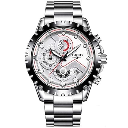 LIGE Multi-Functional Chronograph Japanese Quartz Stainless Steel Business Outdoor Sports and Leisure Fashion Waterproof Wristwatch for Men LIGE 9821 SS - Silver