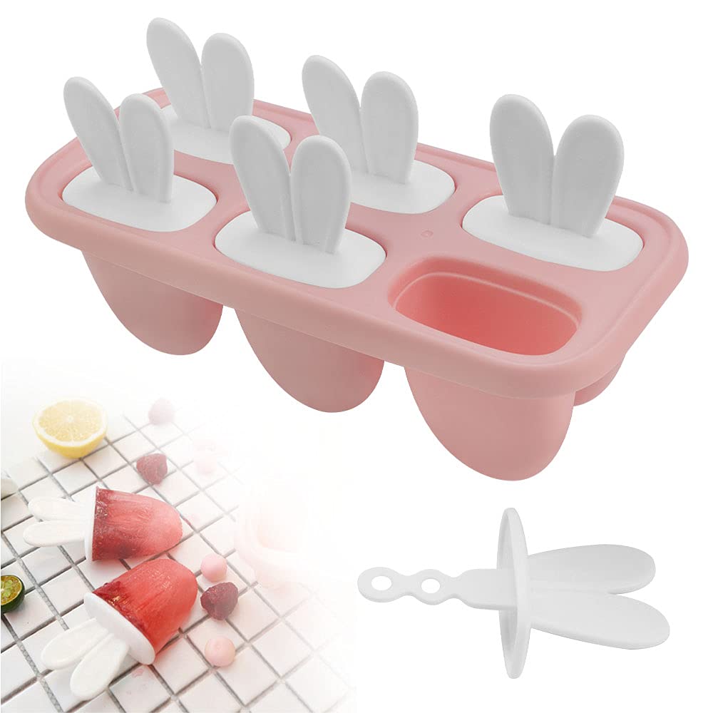 LYTIVAGEN Cartoon Ice Lolly Moulds BPA-Free Ice Lolly Maker Bunny Ice Cream Mould DIY Popsicle Mold Reusable Ice Pop Maker with Sticks for Toddlers Children Adults Homemade Popsicle (6 Grids, Pink)
