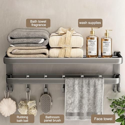60 cm Wall Mounted Towel Rack for Bathroom, 24 Inch Foldable Matte Towel Shelf with Bar and Movable 9 Hooks, Space Aluminum Rustproof Towel Organizer for Bathroom, Shower, and Hotel Use