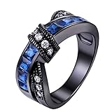 Black Stainless Steel Blue Cubic Zirconia CZ Cross Over Wedding Engagement Anniversary Ring Women TKJ