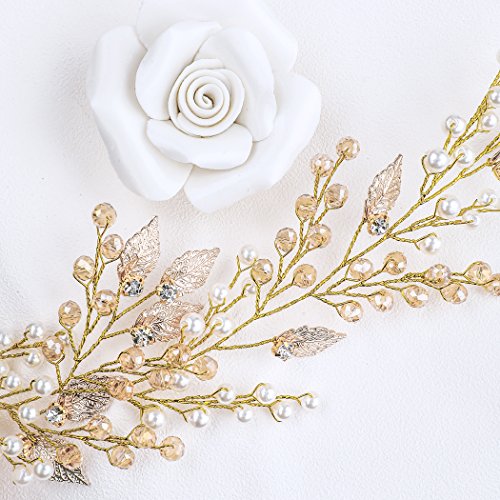 Yean Gold Wedding Headband Leaf Rhinestones Tiara Bridal Hair Vine Wreath