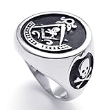 TEMEGO Jewelry Mens Stainless Steel Ring, Embossed Freemason Masonic Symbol Skull Band,Black Silver