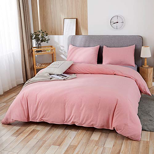 SORMAG 100% Washed Cotton Duvet Cover 3 Piece, Comforter Cover Queen Full Size, Solid Color and Ultra Soft with Zipper Closure, Corner Ties, Simple Bedding Style, Pink