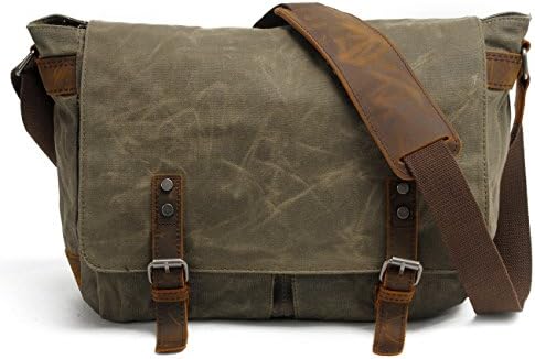 SWYIVY Messenger Satchel Bag for Men and Women,Vintage Canvas Real Crazy-horse Leather 15-inch Laptop Briefcase for Everyday Use 13.8"(L)x10.6"(H) x 4.3"(W) (Army Green)