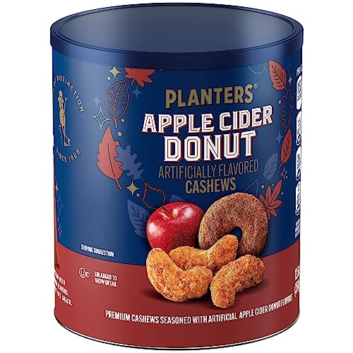 PLANTERS APPLE CIDER DONUT CASHEWS, COOKING & BAKING NUTS & SEEDS, FLAVORED CASHEWS, FALL SNACKS, CASHEW, PARTY SNACK, PLANT-BASED PROTEIN, 12.5 OZ CANISTER