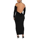 YUEWOO Womens Long Sleeve Off The Shoulder Maxi Dress Sexy Bodycon Midi Dresses Club Outfits